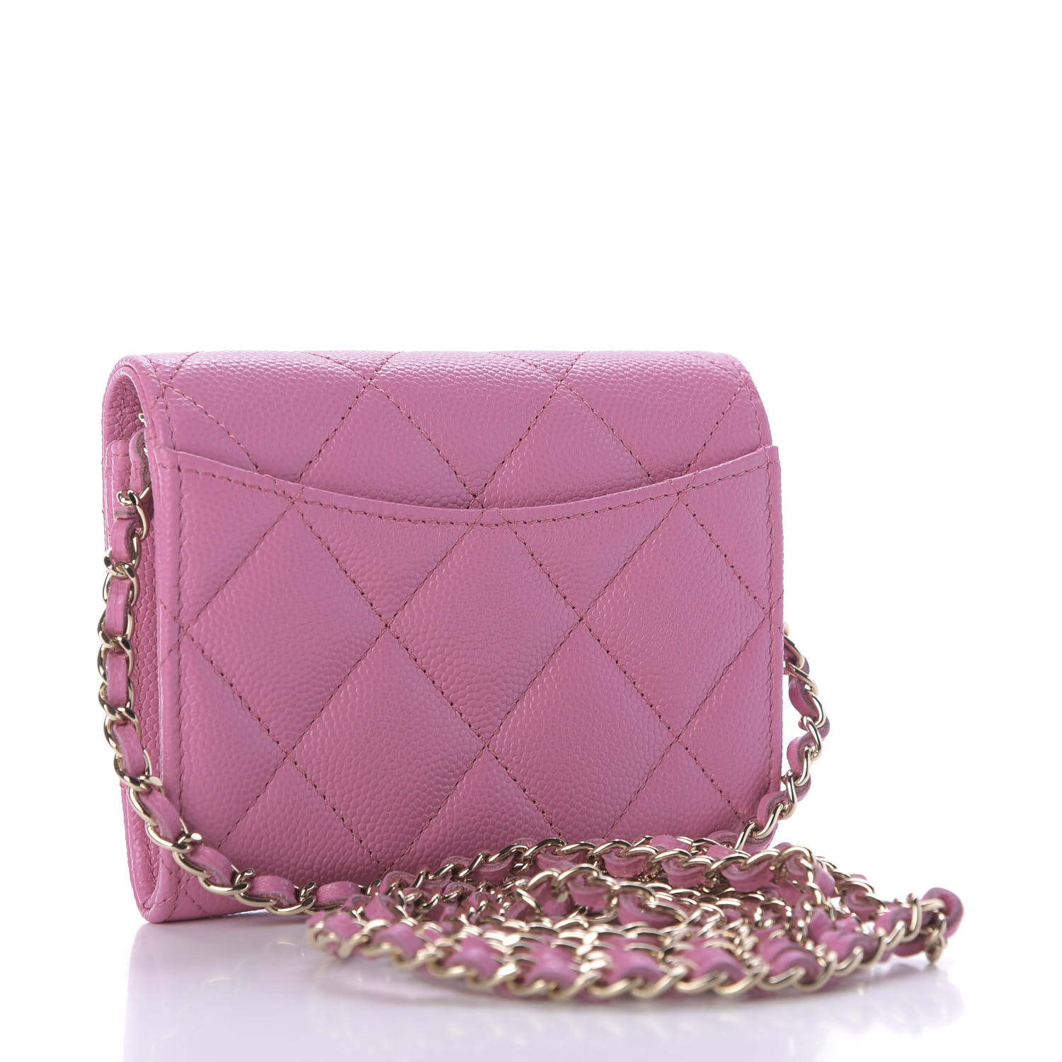 CHANEL Caviar Quilted Card Holder On Chain Pink