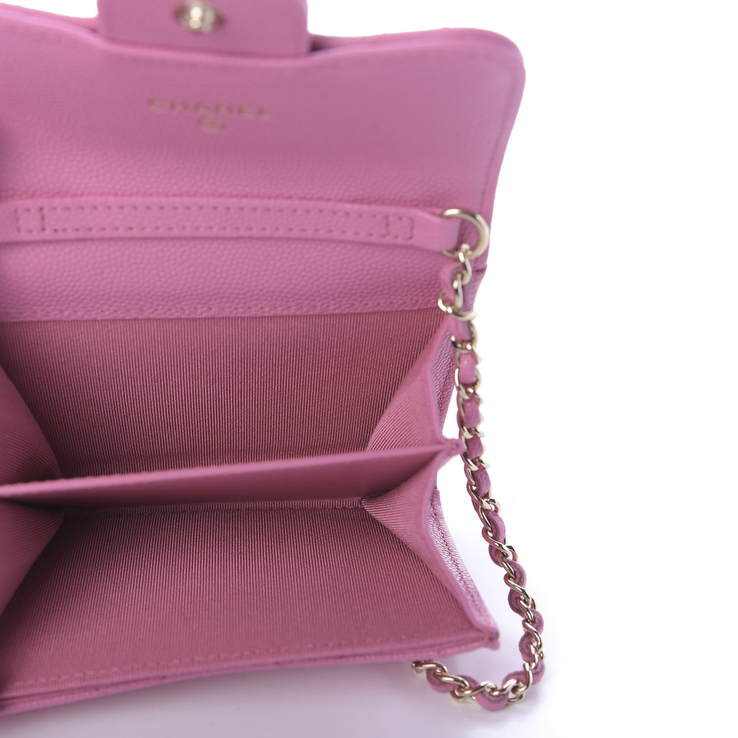 CHANEL Caviar Quilted Card Holder On Chain Pink