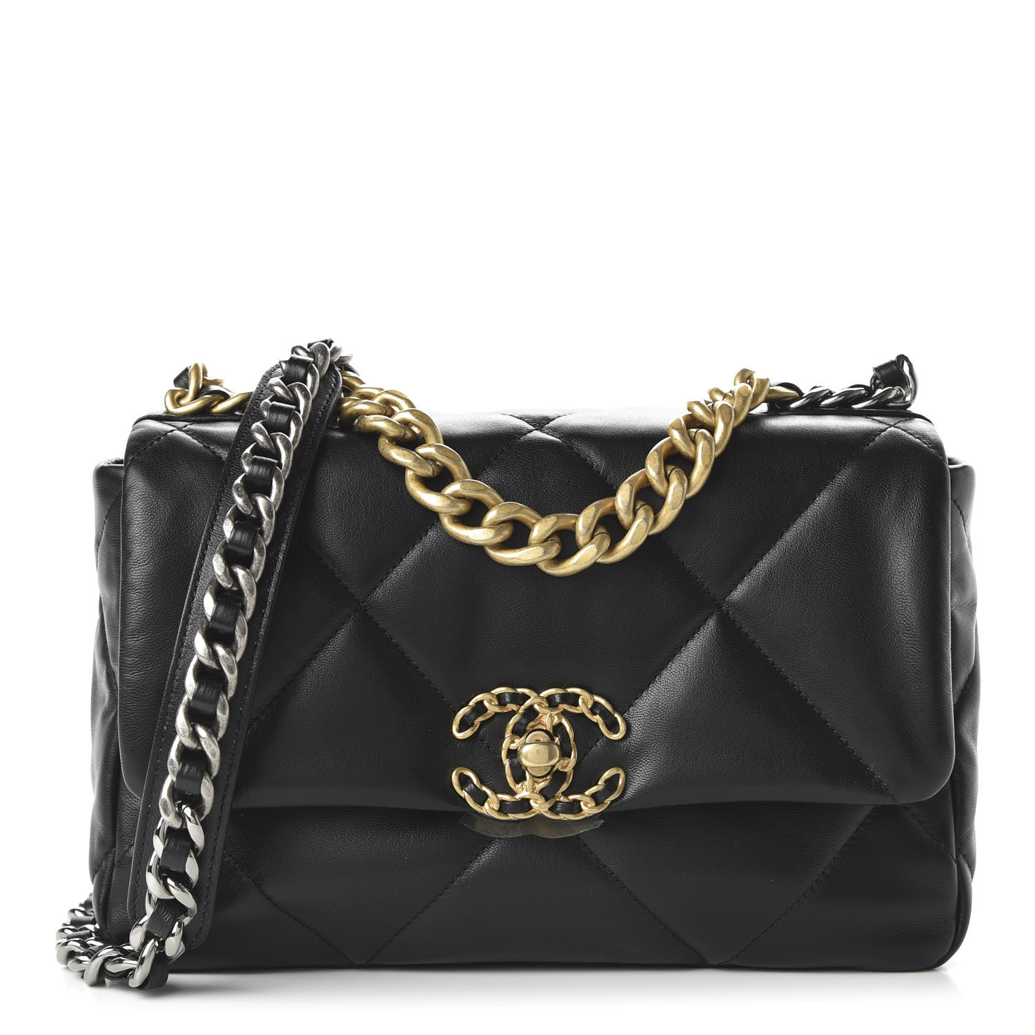 CHANEL Shiny Goatskin Quilted Medium 19 Flap Black