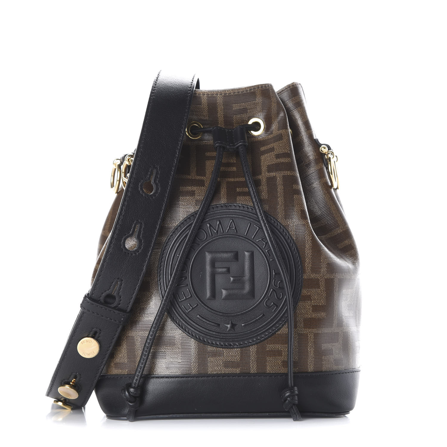 FENDI Glazed Fabric Calfskin F is FF 1974 Stamp Patch Grande Mon Tresor Bucket Bag Mogano Panna Black