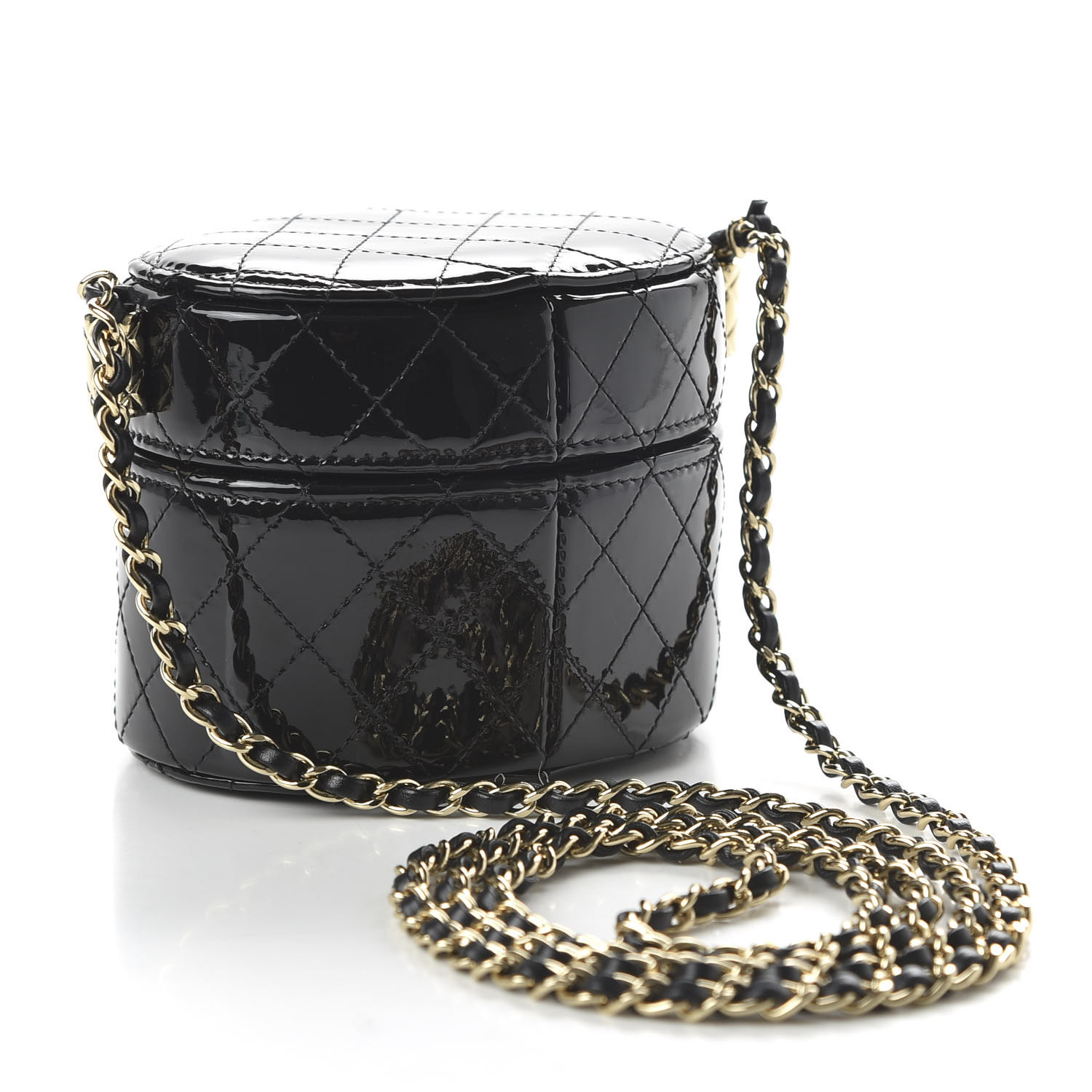 CHANEL Patent Quilted Round Small Vanity With Chain Black