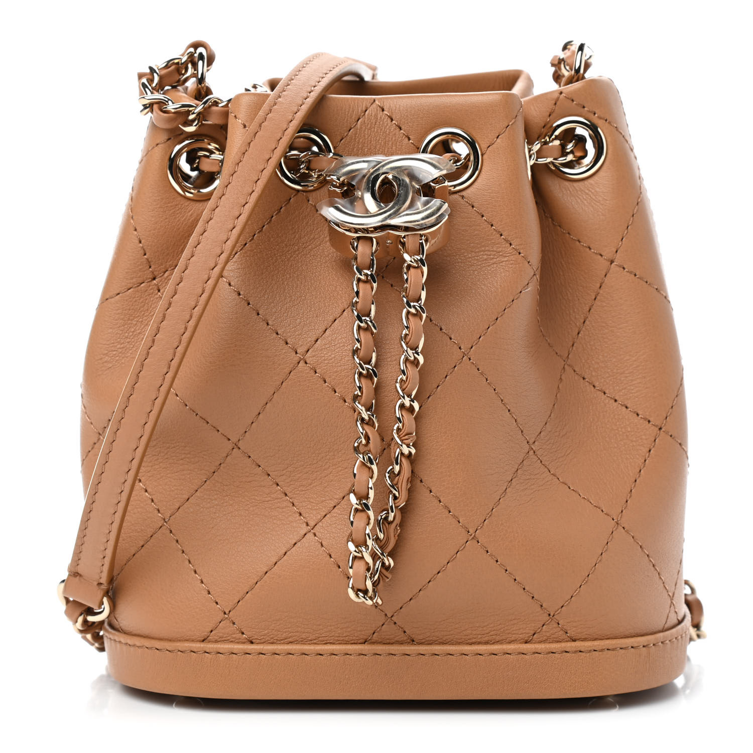 CHANEL Calfskin Stitched Chain Bucket Bag Camel